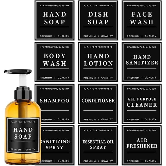 12 Piece Waterproof Soap Labels for Glass and Plastic Bottles Black 3 x 3 Inches
