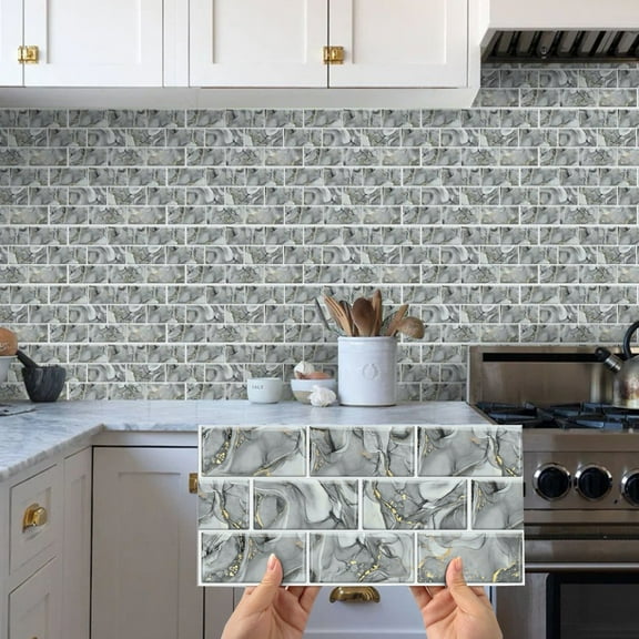 12 Piece Waterproof Tiles Wall Stickers Decals 6" x 12" Gray Gold Marble Brick Mosaic Decor Waterproof Vinyl Peel and Stick Kitchen Bathroom