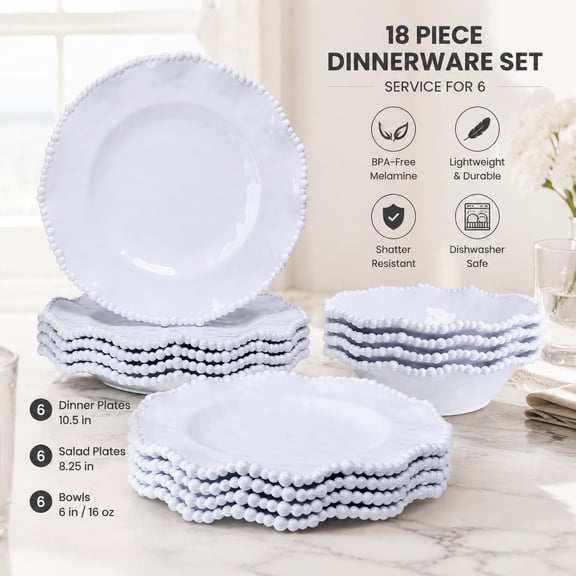 12-Piece White Beaded Melamine Dinnerware Set – Chip-Resistant Plates & Bowls, Farmhouse Style Includes 4 Dinner, 4 Salad, 4 Bowls – Perfect for RV, Cabin & Everyday Use