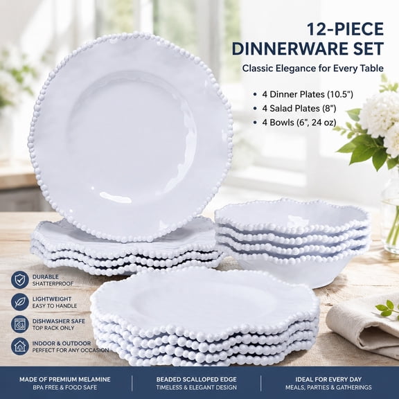 12-Piece White Beaded Melamine Dinnerware Set – Chip-Resistant Plates & Bowls, Includes 4 Dinner Plates, 4 Salad Plates & 4 Bowls – Durable Farmhouse Tableware for RV, Cabin, Outdoor & Everyday Use