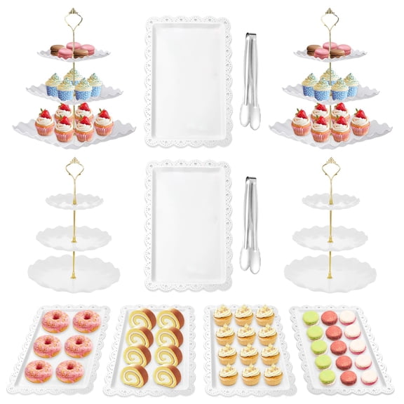 12-Piece White Dessert Table Display Set with Cupcake Stands, Serving Trays and Tongs