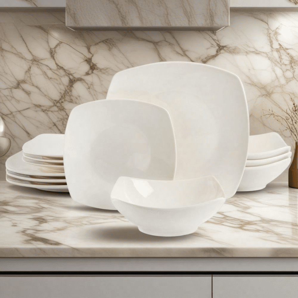 12 Piece White Dinnerware Set, Durable Ceramic Plates And Bowls, Modern Square Design, Includes 4 Dinner Plates 10.75 Inch, 4 Dessert Plates 8.5 Inch, 4 Bowls 8 Inch, Versatile For Everyday