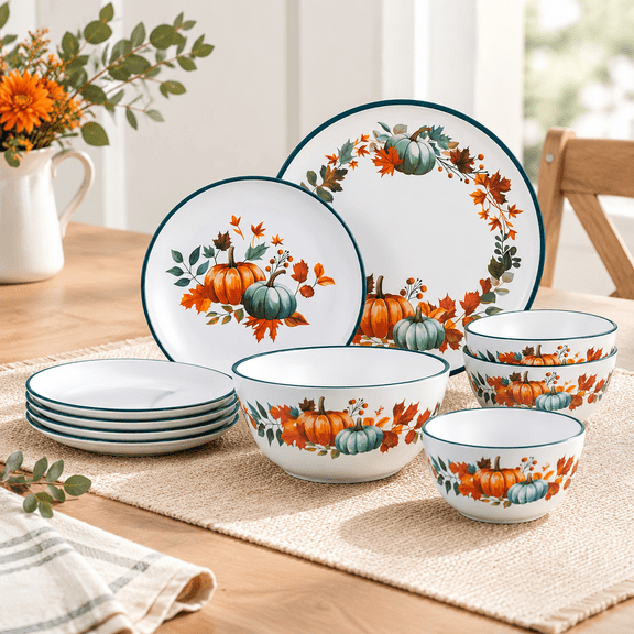 12-Piece White Dinnerware Set for 4 with Fall Pumpkin Plates and