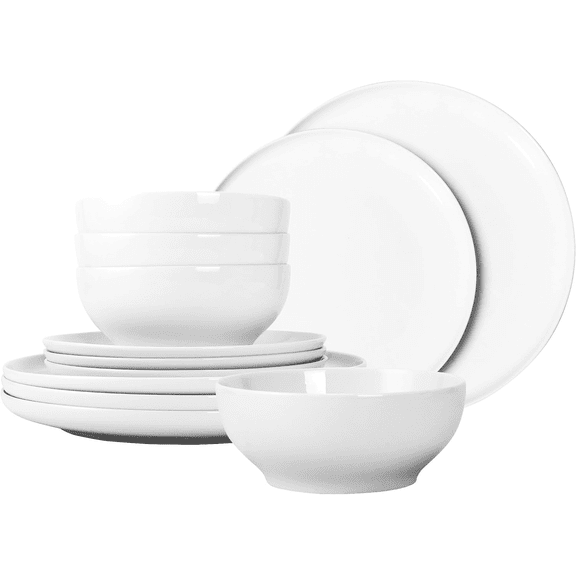 12-Piece White Porcelain Dinnerware Set for 4 Chip-Resistant Plates & Bowls, Dishwasher & Microwave Safe