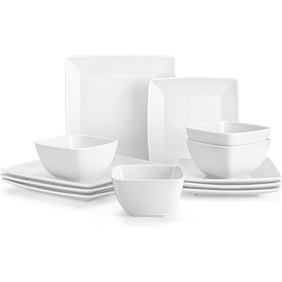 12-Piece White Stoneware Square Dinnerware Set for 4