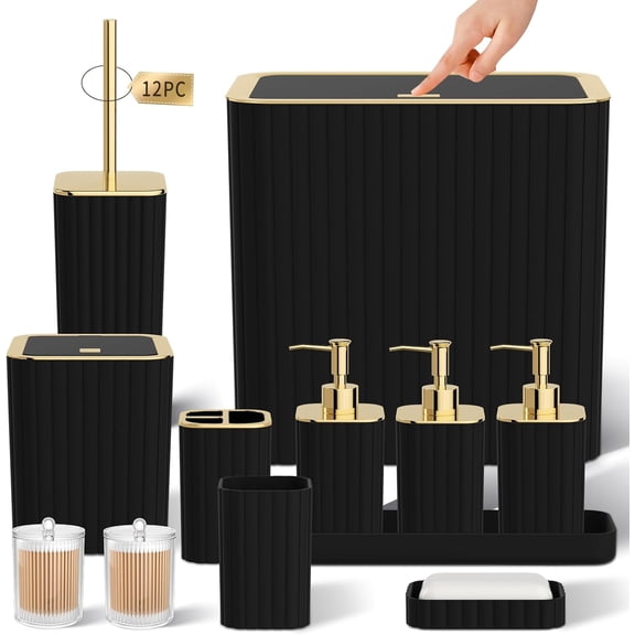 Bathroom Accessory Set - Bathroom Set, 12PC Bathroom Accessories Set, White Bathroom Accessories Set, Mini Trash Can, Toilet Brush, Trash Can & Soap Dispenser