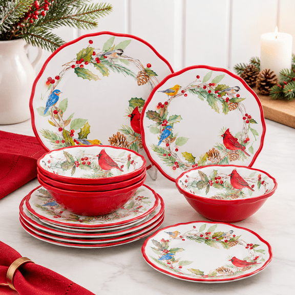 12 Piece Winter Birds Dinnerware Set, Outdoor Dishes Plates and for 4