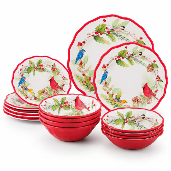 12 Piece Winter Birds Dinnerware Set for 4, Outdoor Dishes with Festive Red Accents