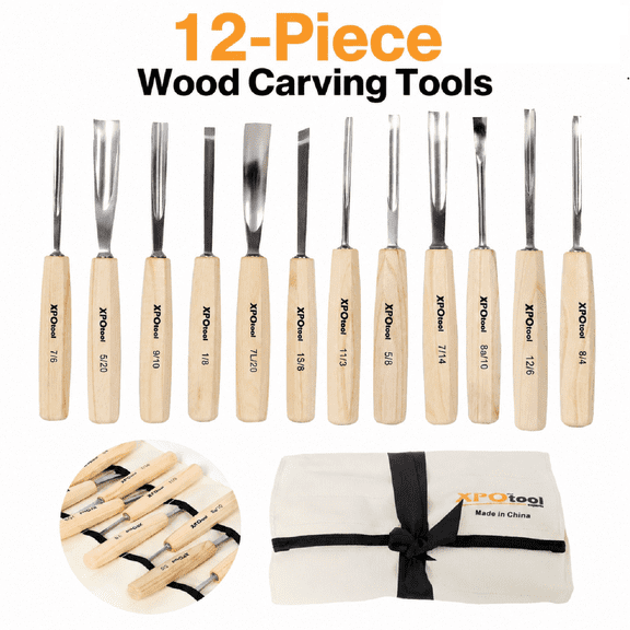 12-Piece Wood Carving Chisel Set, CR-V 60 Steel Blades with Willow Wood Handles & Canvas Bag