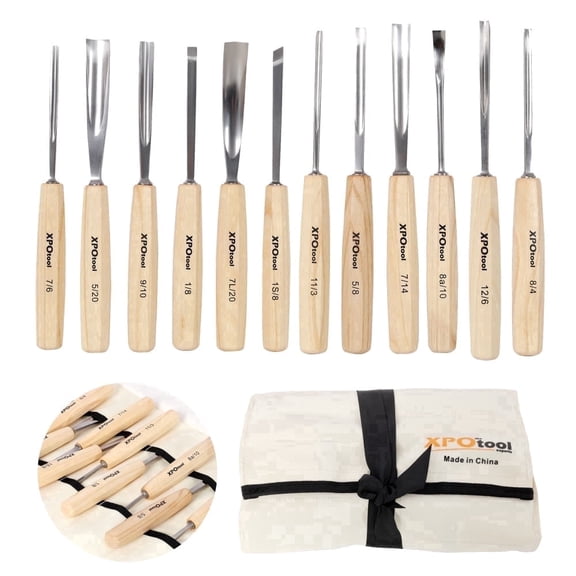 12-Piece Wood Carving Tools Set, Professional Wood Carving Chisels Kit with Razor Sharp 60CRV Steel Blades, Ash Wood Handles & Canvas Case for Beginners & Professionals