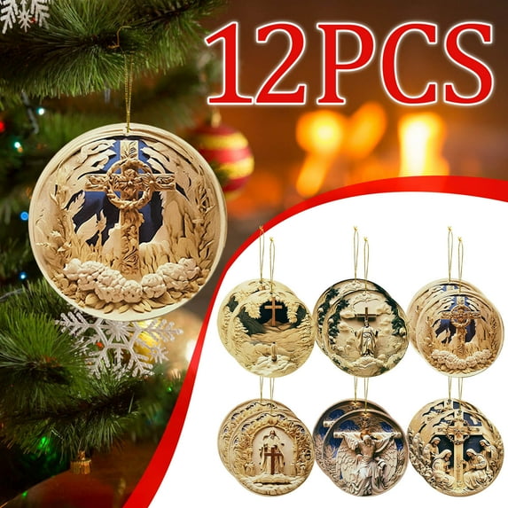 12-Piece Wooden Nativity Ornaments – Religious Christmas Tree Tags, Faith Decor Set Hanging String Christian Gift for Home and Church