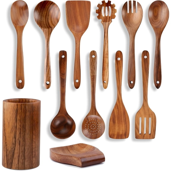 12-Piece Wooden Spoons for Cooking with Holder  Natural Teak Wood Utensils Comfort-Grip Tools Non-Stick Safe Easy to Clean Heat Resistant Set