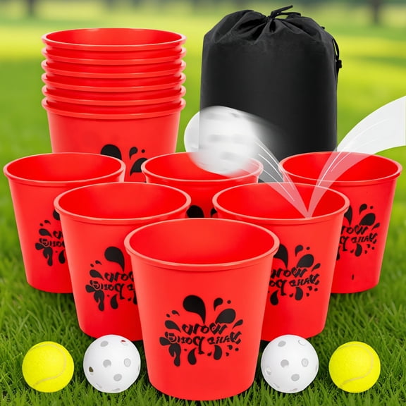 12-Piece Yard Pong Set with Buckets and Balls, Outdoor Lawn Game with Carry Bag, or Green, Glow in the Dark