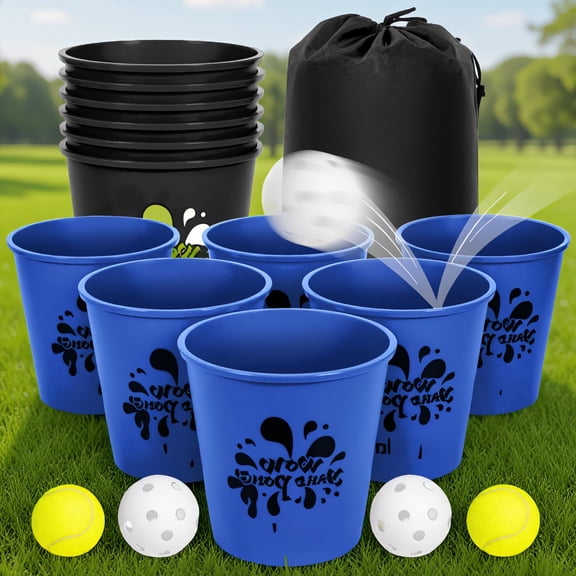 12-Piece Yard Pong Set with Carrying Bag, 2 Tennis Balls and 2 Bonus Balls, Outdoor Lawn Game, and Black