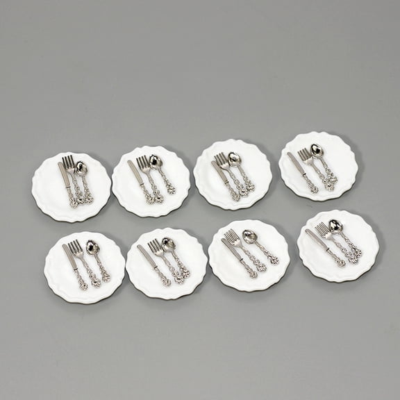 12 Pieces 1:12 Scale Miniature Plates & 12 Pieces Knives Forks Spoons Metal Tableware Dollhouse Miniatures Porcelain Plate Set Dollhouse Kitchen Decoration Accessories