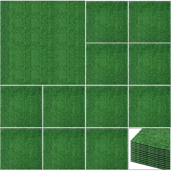 12 Pieces 12 x 12 Inch Artificial Grass Square Mats Fake Grass Tiles Placemats Turf Patch Table Centerpieces Decor Rug for Crafts Miniature Garden Dollhouse DIY Party Indoor Outdoor, Green