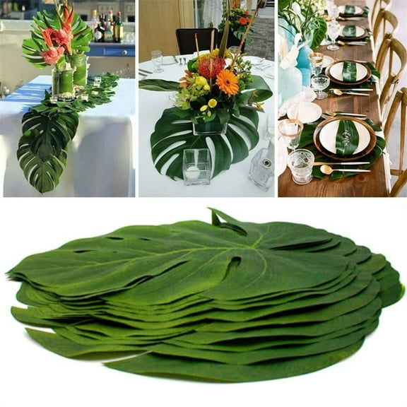 12 Pieces 13" Large Faux Turtle Leaves,Green Simulation Palm Leaves,Artificial Tropical Leaf Table Accessories,for Hawaiian Holiday Party Beach Theme Decorations By Scheam