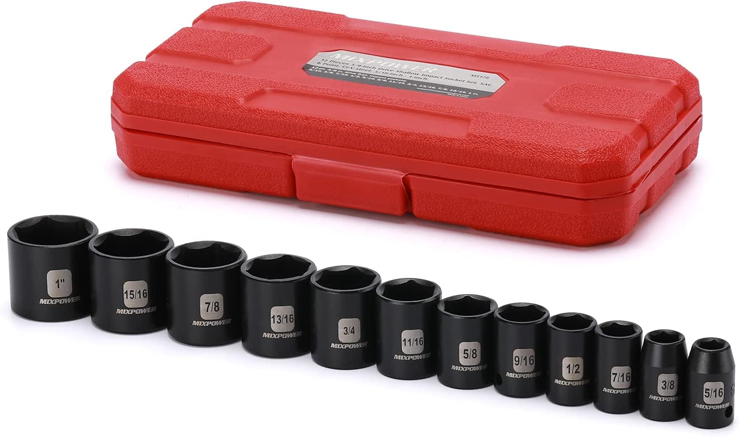 12 Pieces 3/8-Inch Drive Shallow Impact Socket Set, 5/16 to 1 inch, CR ...