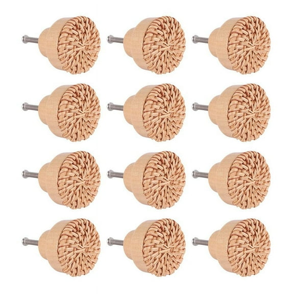12 Pieces 35mm Boho Dresser Knobs Rattan Knobs Wood Drawer Knobs Round Wooden Dresser Handles with Screws,Nature