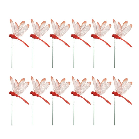 12 Pieces 3D Dragonfly Garden Decor, Dragon Fly Garden Stakes Dragonflies, Garden Ornaments Patio Decoration Dragonfly Stakes with Sticks, Red, 3.3x2.16x9.8"