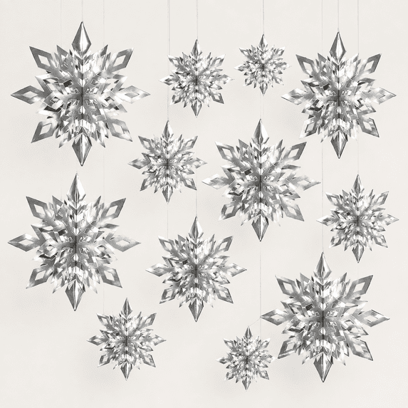 Stringing Ceiling 12 Pieces 3D Silver Snowflake Hanging Garland, Christmas Iridescent ...