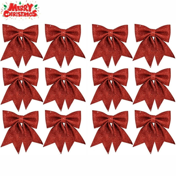 12 Pieces 5" Christmas Glitter Bow Large Christmas Tree Bows Christmas Party Decorations Shiny Bow Xmas Ribbon Bows for Wreath Garland Ornaments Gift DIY Decor