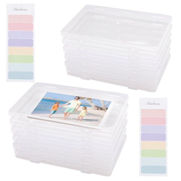 12 Pieces 5" x 7" Plastic Photo Storage Box with Label Stickers, Clear Picture Box with Hinged Lid, Photo Case Storage Containers Crafts Project Organizers for Scrapbook Papers Postcard