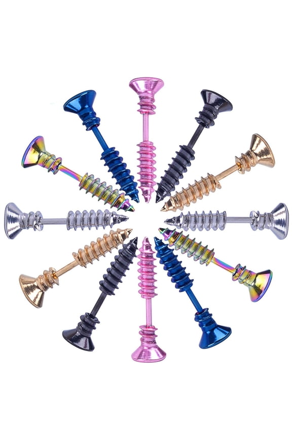 12 Pieces 6 ColorsScrew Earrings, Stainless Steel Unisex Piercing Cross Screws Hoop Earrings Ear Stud