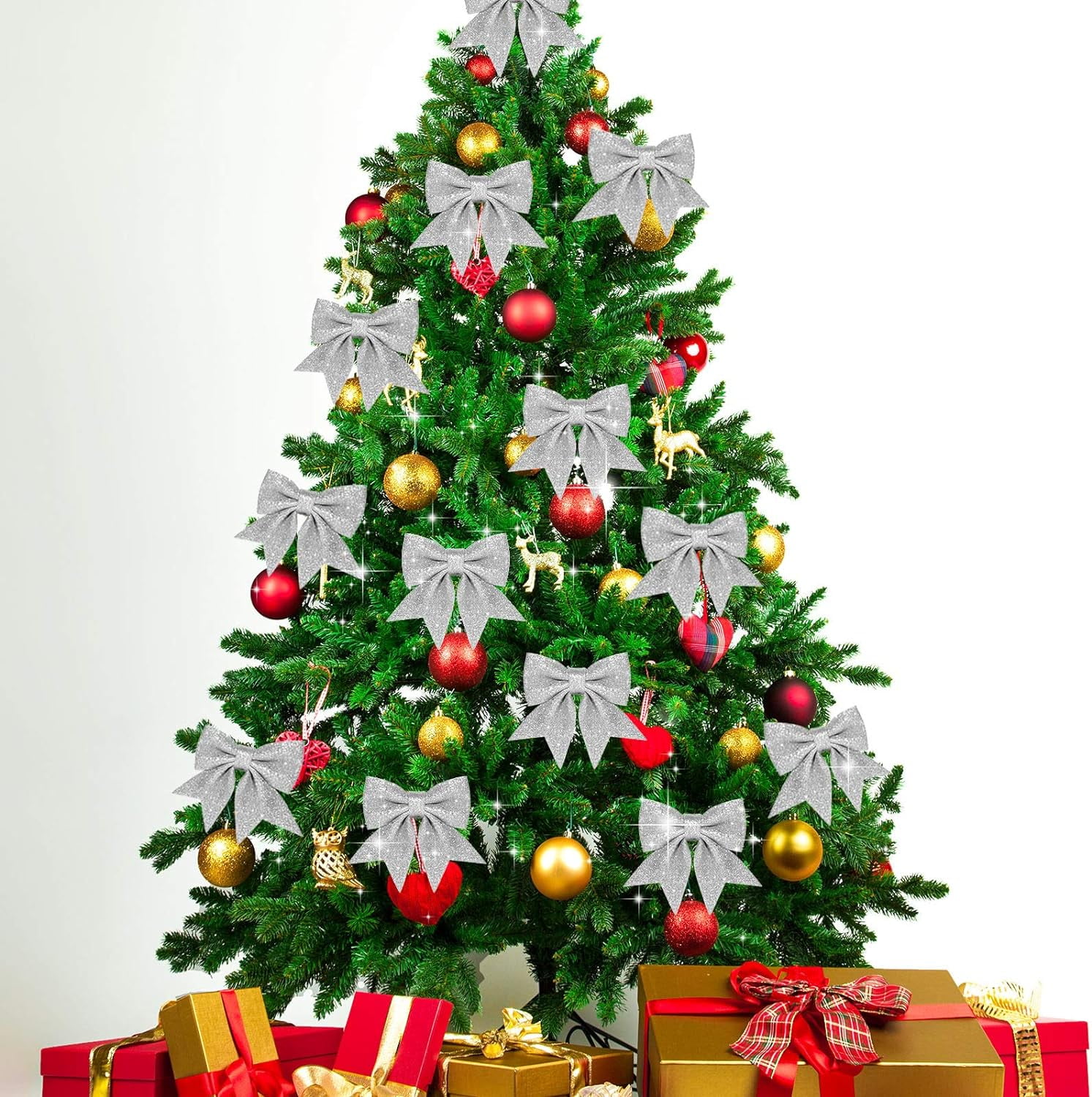 12 Pieces 6 Inches Christmas Glitter Bow,Christmas Tree Bows Christmas