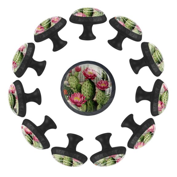 12 Pieces Aesthetic Cactus Flowers Seamless Pattern Glass Knobs for Dresser Drawers, 1.37 x 1.10 IN Round Kitchen Cabinet Pulls For Home Office Nursery Kids Room