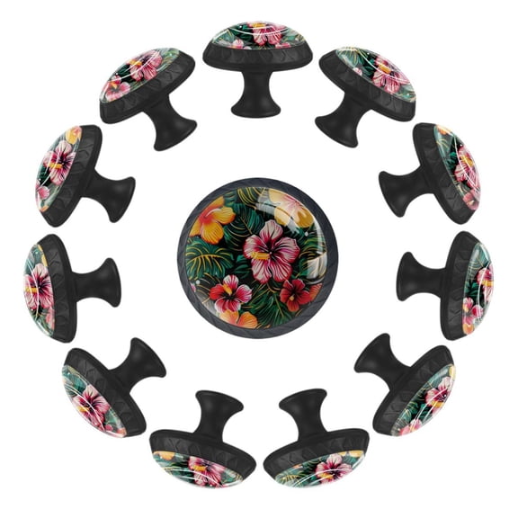 12 Pieces Aesthetic Jungle Hawaiian Pattern Glass Knobs for Dresser Drawers, 1.37 x 1.10 IN Round Kitchen Cabinet Pulls For Home Office Nursery Kids Room