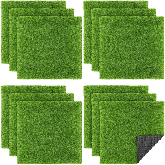 12 Pieces Artificial Grass Mat Square 12 x 12 Inch Fake Turf Patch Indoor Outdoor Garden Lawn Patio Balcony Synthetic Turf Mat Realistic Grass Rug for Crafts Miniature Garden DIY, Grass Green