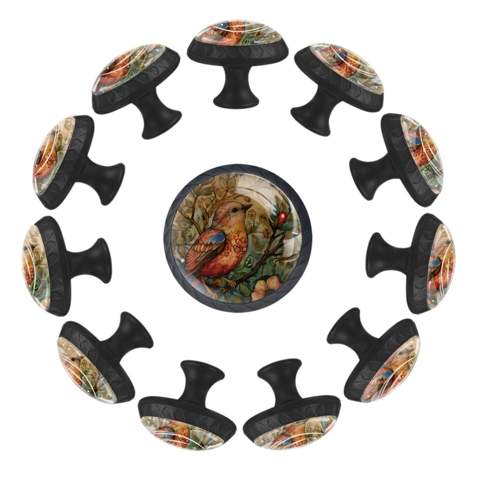 12 Pieces Birds and Florals Vintage Pattern Glass Knobs for Dresser