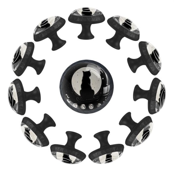 12 Pieces Black Cat Moon Phase Aesthetic Pattern Glass Knobs for Dresser Drawers, 1.37 x 1.10 IN Round Kitchen Cabinet Pulls For Home Office Nursery Kids Room