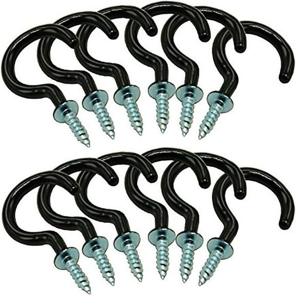 12 Pieces Black Steel Plastic Coated Screw in Eye Hooks Ceiling Hooks Shouldered Cup Hooks