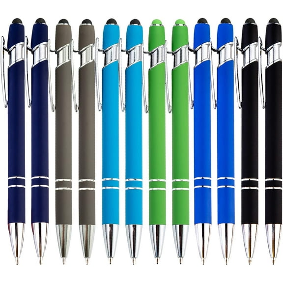 12 Pieces Blue Ballpoint Pen with Stylus Tip, 2 in 1 Stylus Stylish Pen, Blue Metal Stylus Pen for Touch Screens, Black Ink, 1.0 mm Medium Point(12 PCS Mix Solid Color)