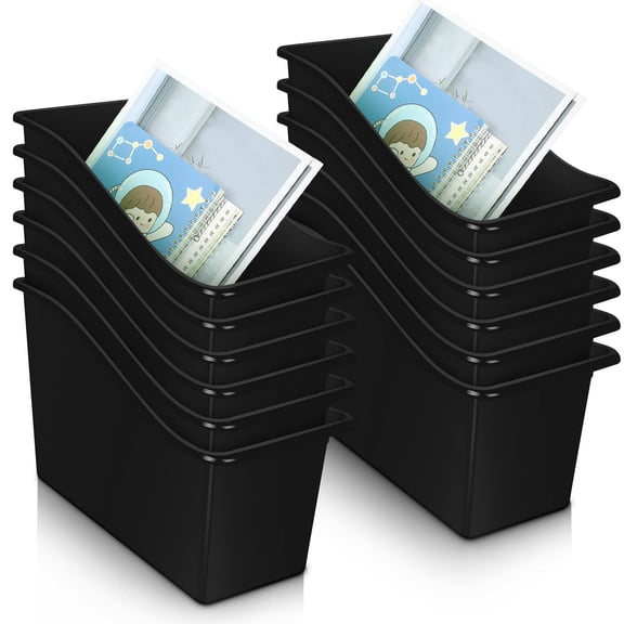 12 Pieces Book Bins for Classroom Plastic Binder Holder Magazine Stuff Folder File Organizer Box for Home Office School Supplies (Black)