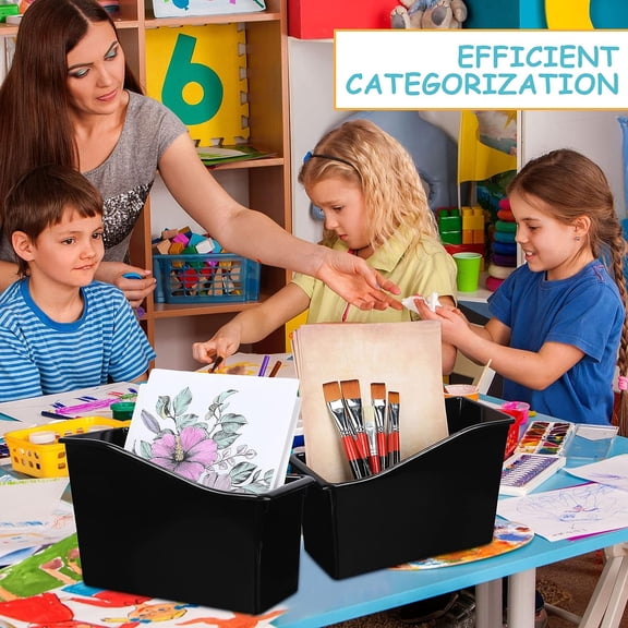 12 Pieces Book Bins for Classroom Plastic Binder Holder Magazine Stuff Folder File Organizer Box for Home Office School Supplies (Black)