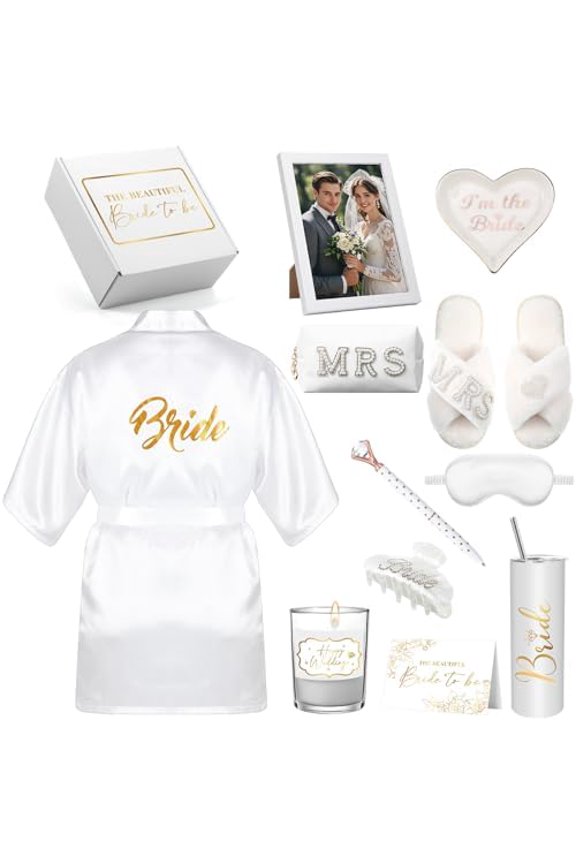 12 Pieces Bride To Be Gifts Set Bride Robe Slippers Hair Clip Cosmetic Bag Bride Gift Box Cup Photo Frame Jewelry Tray Pen Eye Mask Bride Gifts for Wedding Bachelorette Party Bridal Shower