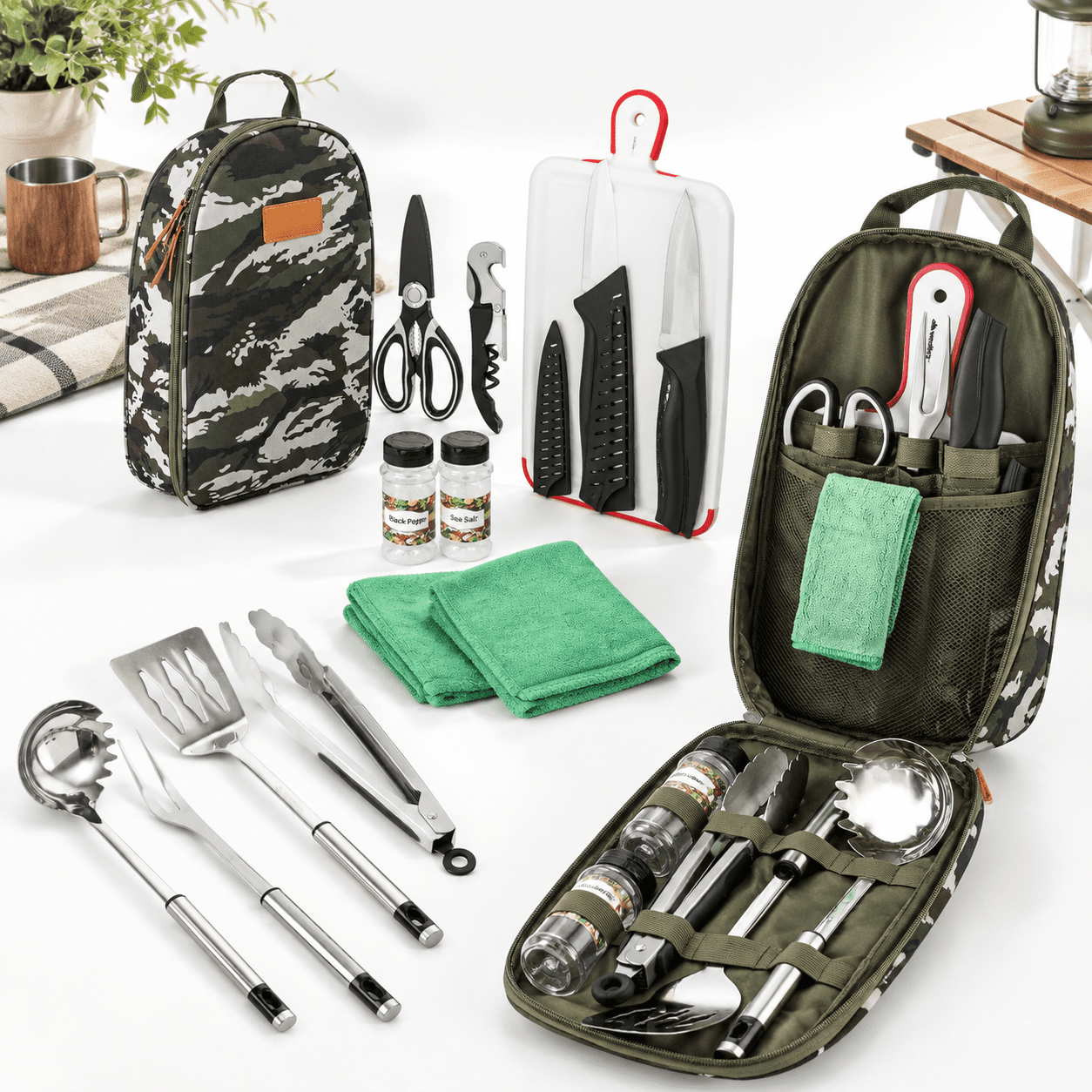 Tmess Kit 12 Pieces Camo Green Camping Mess Kit with Travel Organizer and Grill ...