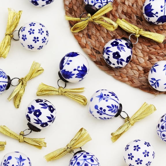 12 Pieces Ceramic Christmas Ornaments Round Blue & White X mas Tree Décor Large Boho Bulk Christmas Tree Decoration