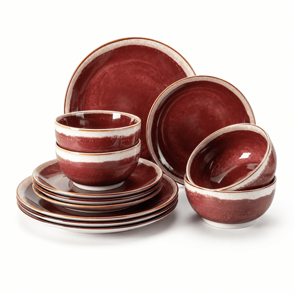 12 Pieces Ceramic Dinnerware Sets For 4 Burgundy Red