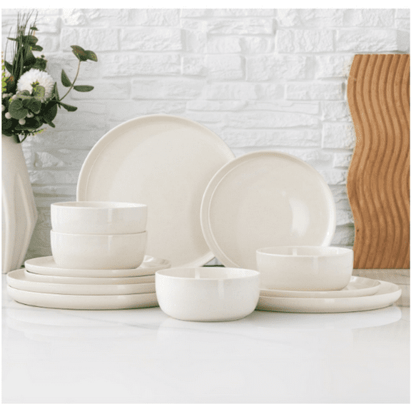 12 Pieces Ceramic Plates and Bowls Set, Handcrafted Stoneware Plates Set, Dishwasher & Microwave Safe Dishes Set