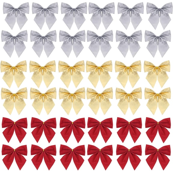 12 Pieces Christmas Bows Ornaments for Xmas Tree Ribbons Glitter Bow, 2.75in Mini Bowknot Christmas Tree Hanging Decorations, Party Home Wreaths Gift Wrapping Supplies (Gold)