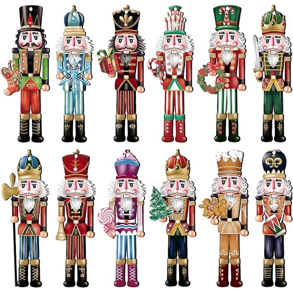 12 Pieces Christmas Nutcracker Wooden Ornaments Wood Hanging Decoration Set for Christmas Tree Hanging Wood Crafts Holiday Decor Xmas Party Supplies