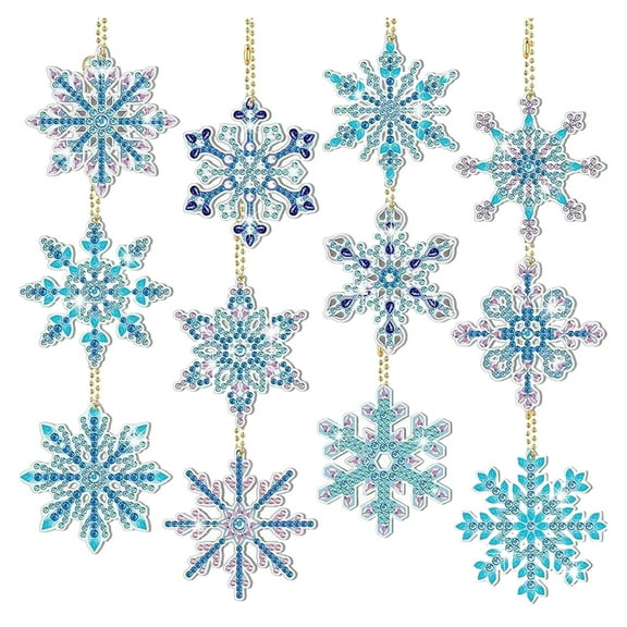 12 Pieces Christmas Snowflake Diamond Art Painting Kits Double Sided 5D Diamond Snowflake Painting Wind Chimes Tags Hanging Ornament Pendant for Xmas Winter Decor Diamonds Art DIY Crafts