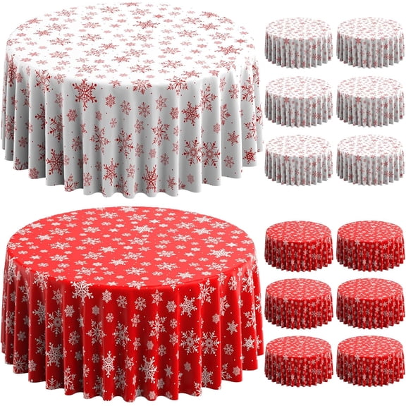 12 Pieces Christmas Snowflake Plastic Party Tablecloth Decorations,84 inch Disposable White Red Round Snowflake Xmas Table Cover Backdrop for Winter Christmas Holiday New Year Party Supplies