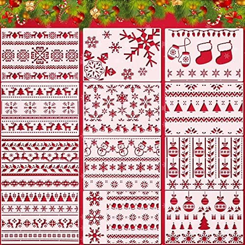 12 Pieces Christmas Stencils for Painting on Wood Reusable Plastic Template 8.3 x 11.7 Inch Snowflake Deer Craft Winter Ornament Drawing Stencils for Window Glass Door Car Body Home DIY Decor