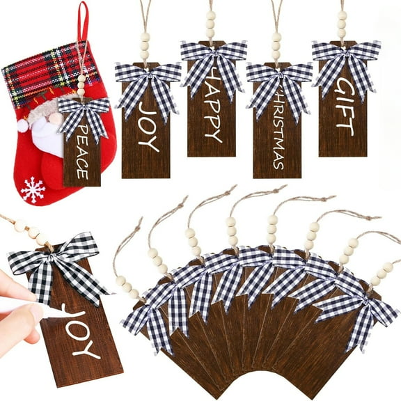 12 Pieces Christmas Stocking Name Tags Personalized Stocking Tag Rustic Country Stocking Tag Farmhouse Xmas Hanging Tag with Wood Bead White Black Buffalo Plaid Bow for Winter Decor