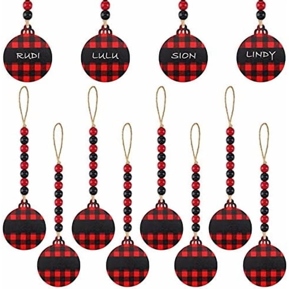 12 Pieces Christmas Stocking Name Tags Wood Christmas Buffalo Plaid Hanging Ornament Stocking Name Tags Decorations with Bead Garland for Xmas farmhouse Christmas Tree Decorations (Classic Style)